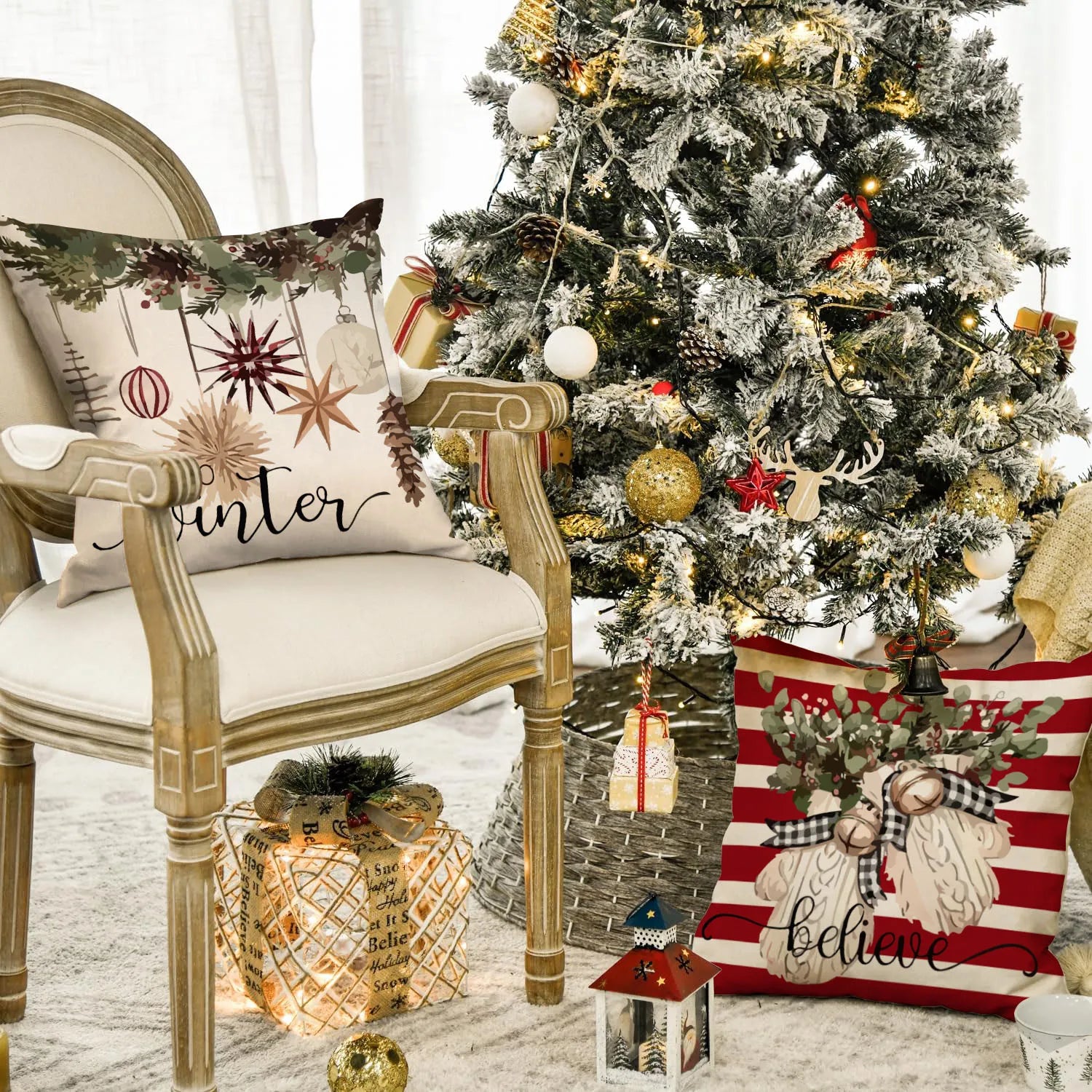 1pc/4pcs Christmas Pillow Cover, Black and Red Buffalo Plaid Celebration Christmas Tree Snowflake Decoration Sofa Cushion Cover