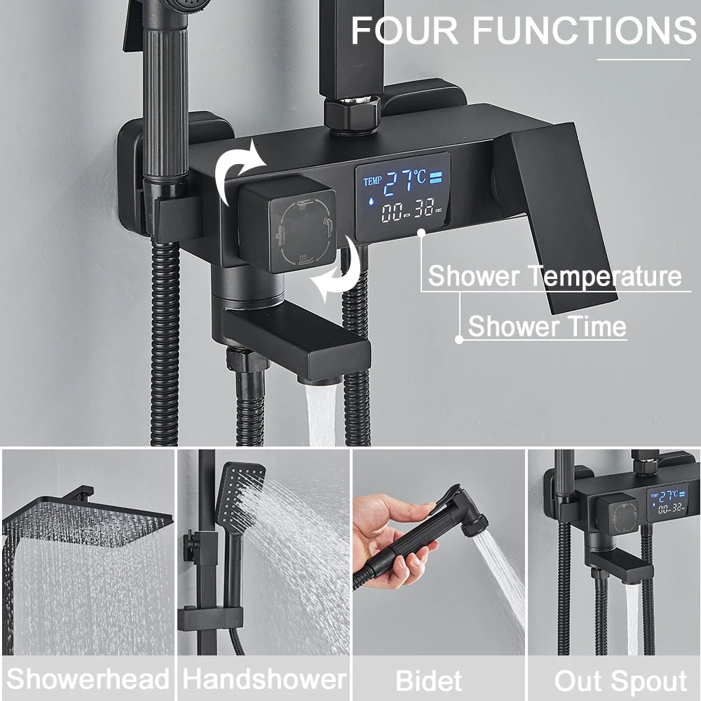 4 Ways Digital Display Shower Faucet Bathroom Thermostatic/Hot Cold Rainfall Shower Head Brass Rotate Mixers Bidet Faucet