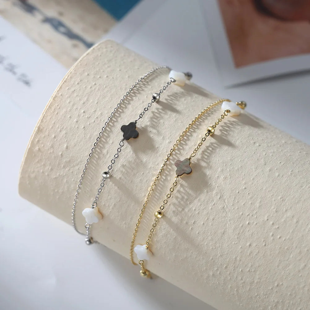 Rinntin Genuine 925 Sterling Silver Double Layer Clover Chain Anklet Lucky Clover Charm Anklets Bracelet Female Jewelry GMA02