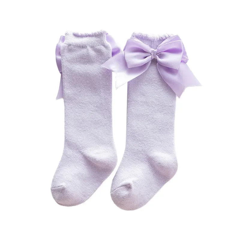 0-24months Infant Girl Below Knee Socks Solid Color Bow Decor Stockings For Girls Infant Breathable Socks
