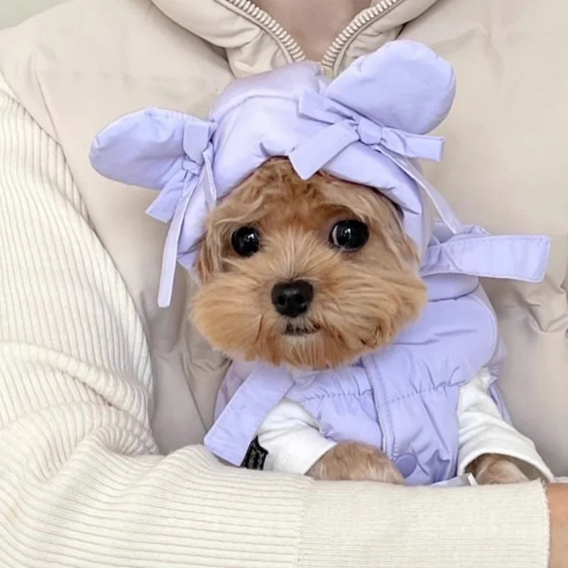Winter Padded Dog Jacket Coat Warm Soft Dog Clothes Fashion Solid Puppy Down Jacket Cute Bow Cat Vest Coat Chihuahua Pet Costume