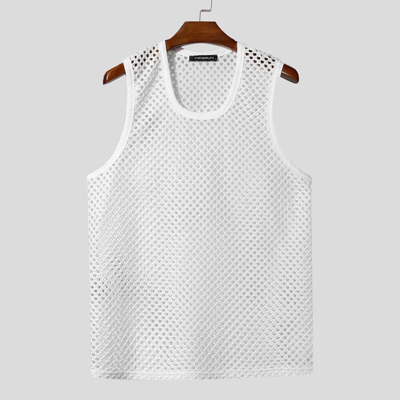 INCERUN Men Sets Solid Color Mesh Hollow Out See Through Tank Tops & Shorts 2PCS Summer Sexy Vacation Men Casual Suits 2025 5XL