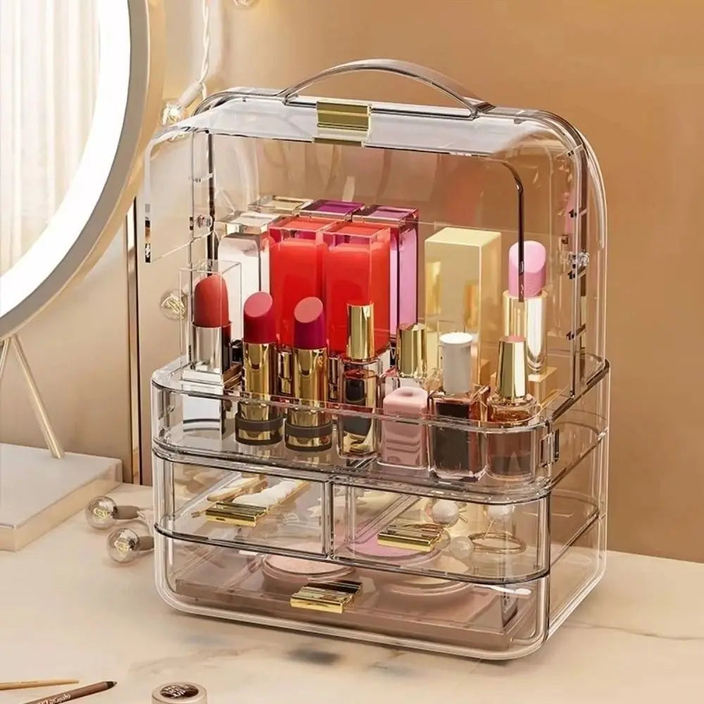 Drawer Style Cosmetics Storage Box with Lid and Handle Clear Skincare Display Cases Dustproof Multilayer Makeup Storage Rack