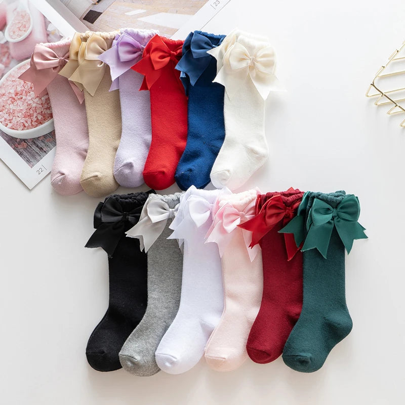 0-24months Infant Girl Below Knee Socks Solid Color Bow Decor Stockings For Girls Infant Breathable Socks