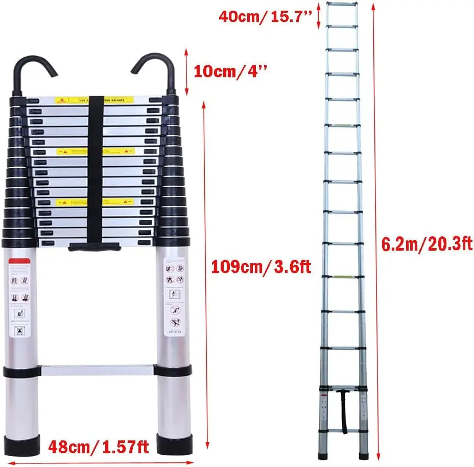 Telescopic Ladder 6.2m with Detachable Hooks & Extendable Steps, Folding Tall Loft Ladder with Non-Slip Feet Collapsible Ladder