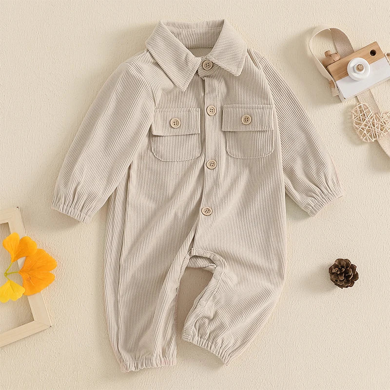 Pudcoco Baby Autumn Casual Corduroy Jumpsuit Long Sleeve Lapel Solid Color Button Up Romper