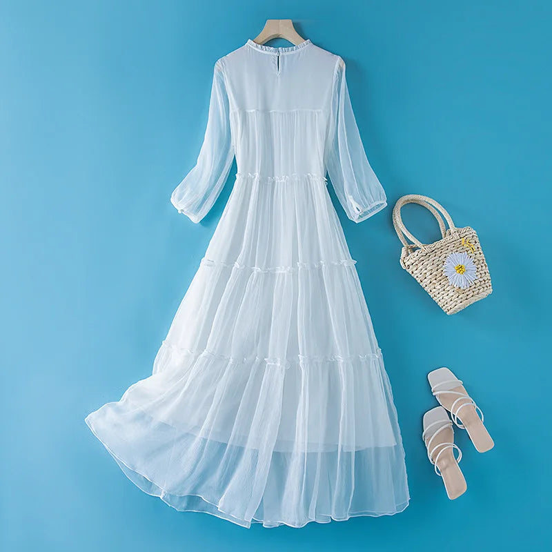 Winsleter, 100%Real Silk Elegant Dresses, Women Half Sleeve ONeck Ruched, Beach Vacation OL Dress, 2024 Summer Autumn D46910QM