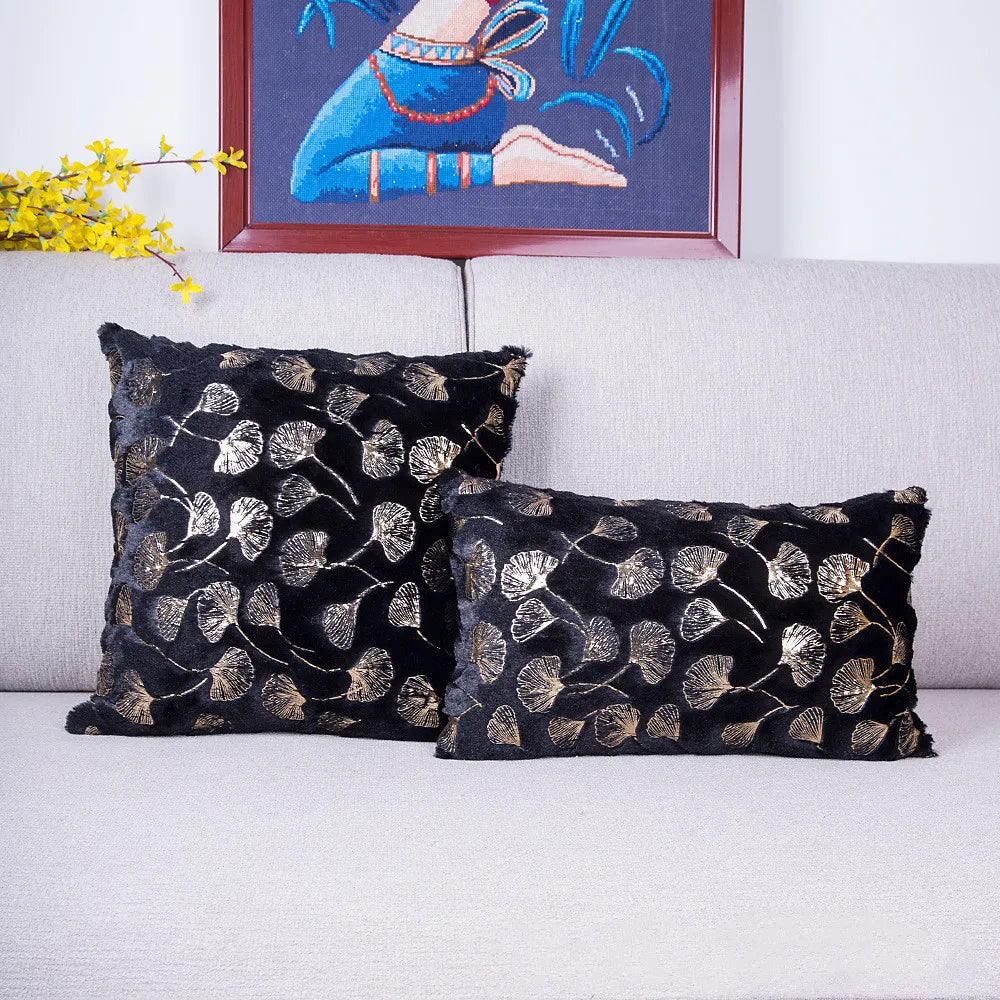 Golden Printed Ginkgo Leaf Pillow Cover 45*45cm 30*50cm Decorative Pillowcase for Living Room Luxury Plush Fur Cushion Covers