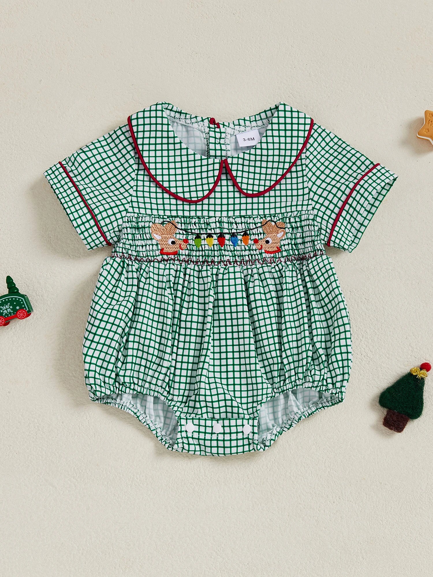 0-18M Infant Baby Girls Boys Christmas Romper Plaid Print Lamp String Embroidery Short Sleeve Doll Collar Bodysuit/Tank Jumpsuit
