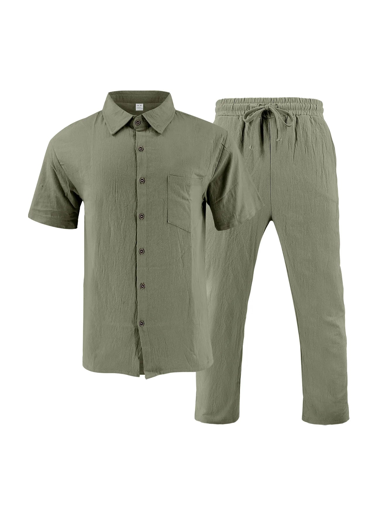 American Summer Men's Linen Casual Set Short-Sleeved Shirt And Long Pants 2-Piece Comfortable Loose Fit for Men