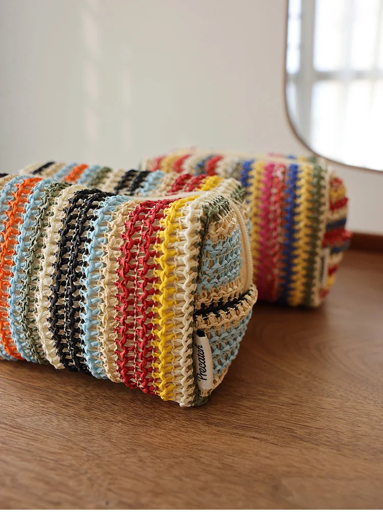 Colorful Knitted Cosmetic Bag Travel-Friendly Handbag Toiletry Pouch Women's Cosmetics & Skincare Organizer On-the-Go Bag-in-Bag