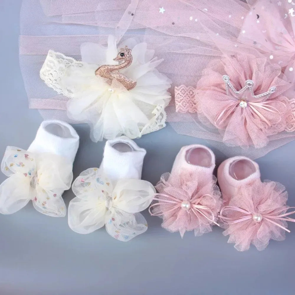 Soft Baby Headband Sock Set Comfortable Floor Socks Baby Crown Flower Headband Pink blue gold Children's Boat Socks