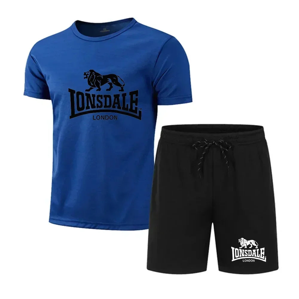 Men's summer T-shirt+shorts mesh set Lonsdale printed quick drying breathable sports set short jogging gym casual sportswear