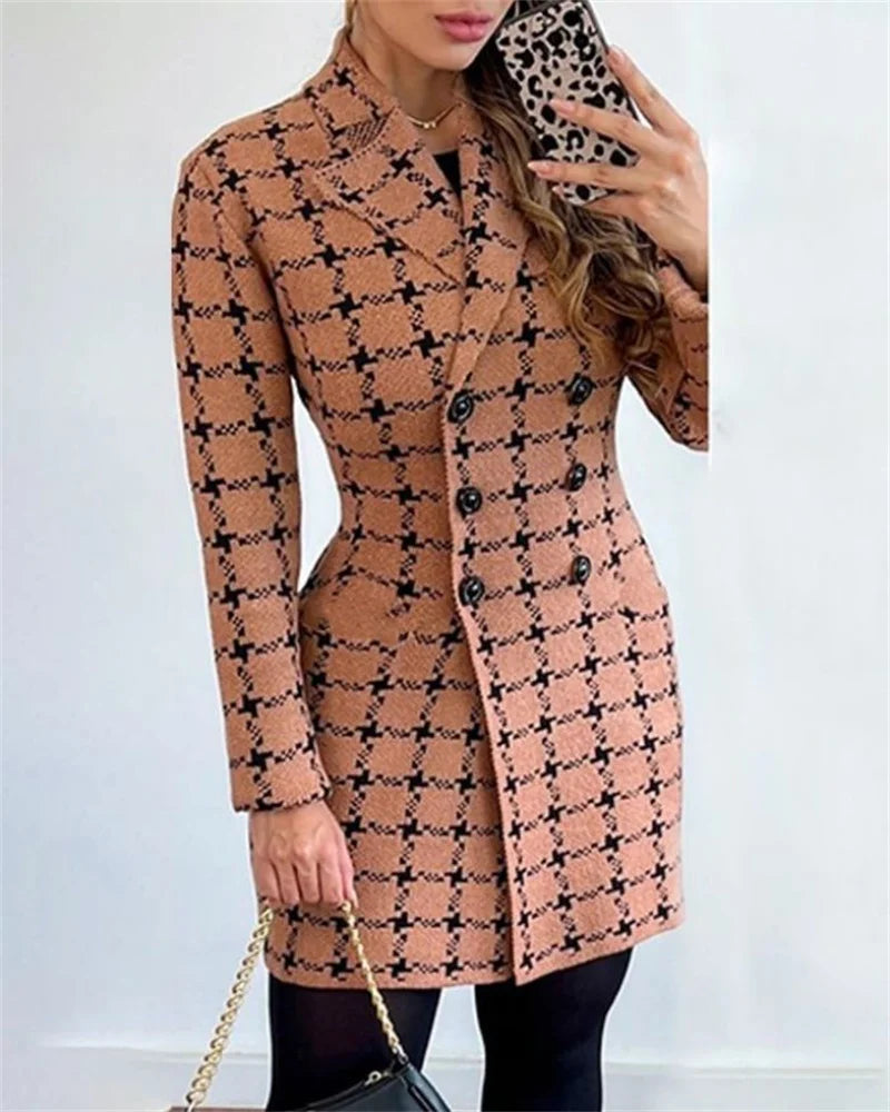 Autumn Winter Fashion Plaid Woolen Coat Dress Women Causal Office Ladies V-neck Double Breasted Slim Woolen Coat Dress Women