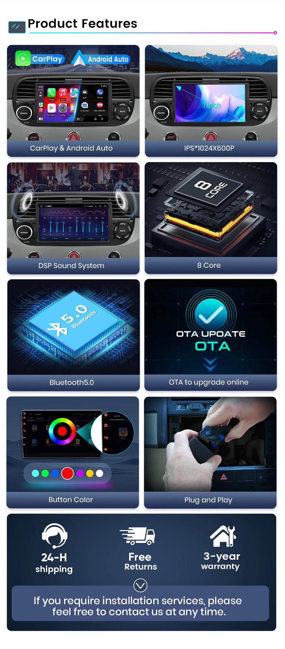 Junsun Android13 Car Radio For FIAT 500 500C Abarth 2007-2015 Car Smart Systems For Apple Carplay FM GPS SWC BT