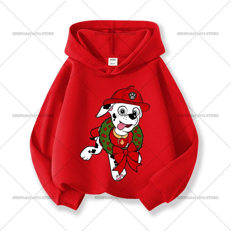 Paw Patrols Christmas Baby Hoodies Cute Anime Print Long Sleeved Child Red Top Pullover Casual Sweatshirt Kids Clothes Xmas Gift