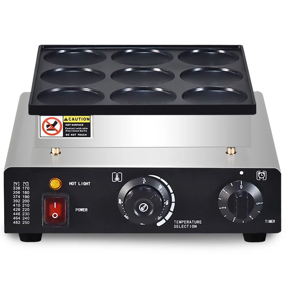 Mini Pancakes Maker Machine, Dutch Mini Pancake Griddle, 9 Holes 76mm Diameter Dorayaki Baker Machine， Electric Poffertjes Pan