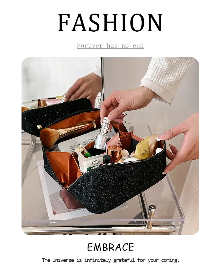 Sac à cosmétiques, grande capacité, design à paillettes fines, sac de toilette léger et pratique