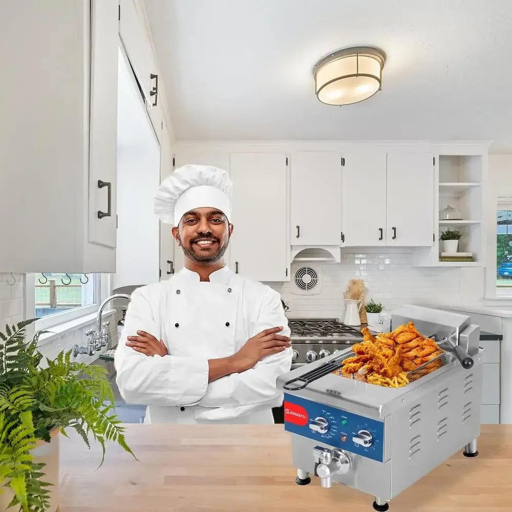 13Lbs Electric Commercial Deep Fryer Timer Drain Stainless Steel 6L Countertop Fryer Adjustable Temperature Oil Recycling