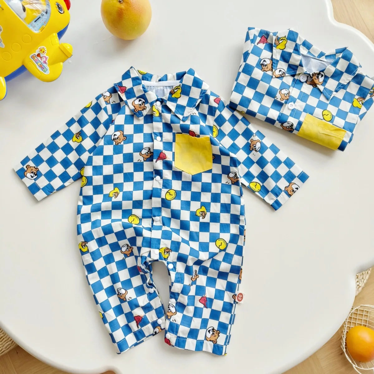 2024 Spring/Autumn New Infant Toddler Pure Cotton Grid Cartoon Printed Long Sleeve Single-Breasted Buttoned Romper