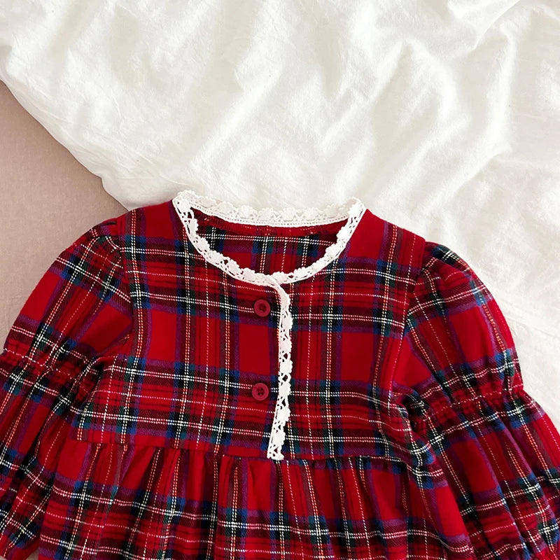 Christmas Infant Baby Girl Romper Autumn Winter Newborn Baby Girl Children Clothes Red Plaid Lapel Long Sleeved Newborn Romper