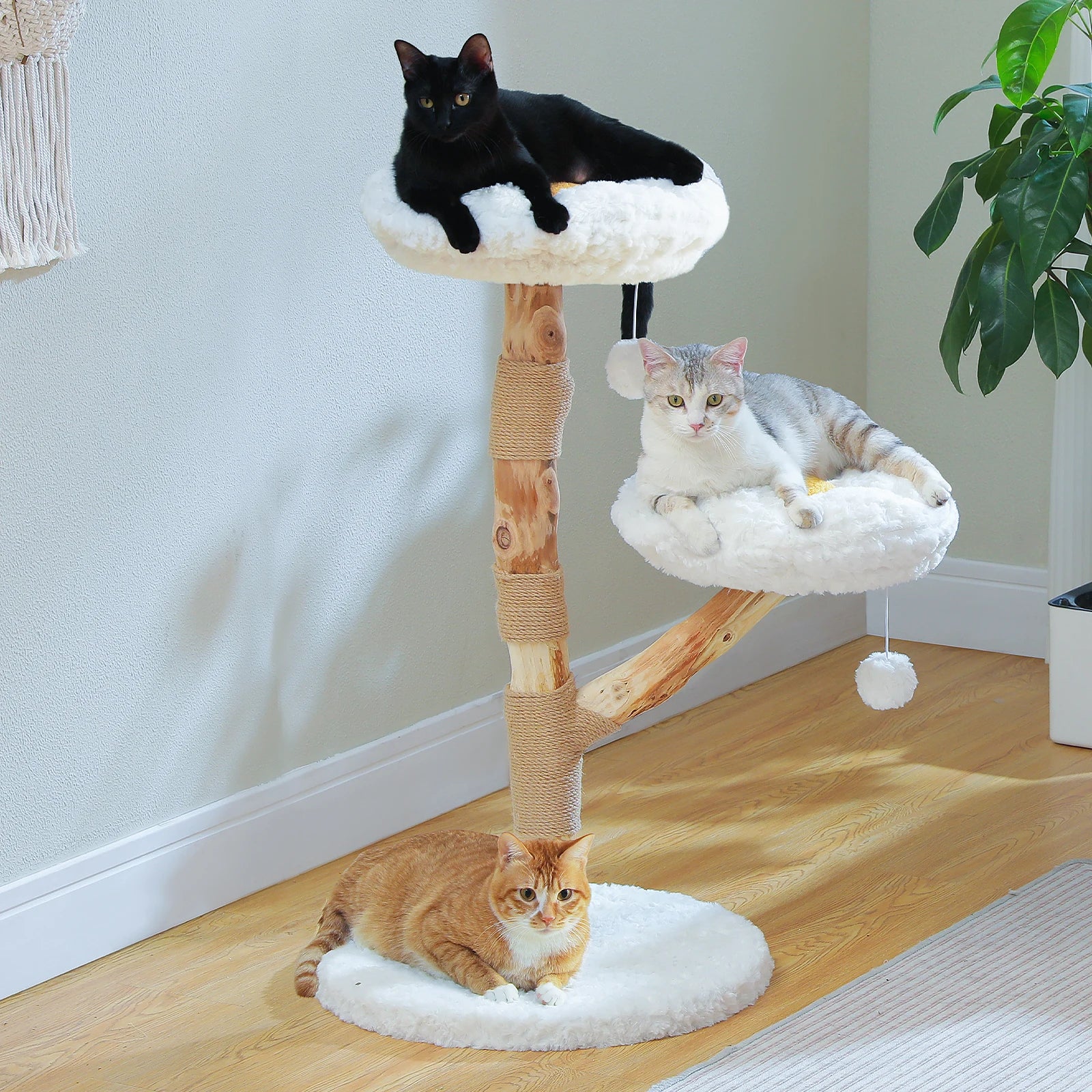 Modern Cat Tree Tower with Natural Solid Wood Scratching Posts Spacious Wicker Basket Luxury Cat Condo Bed for Indoor Cat Toys