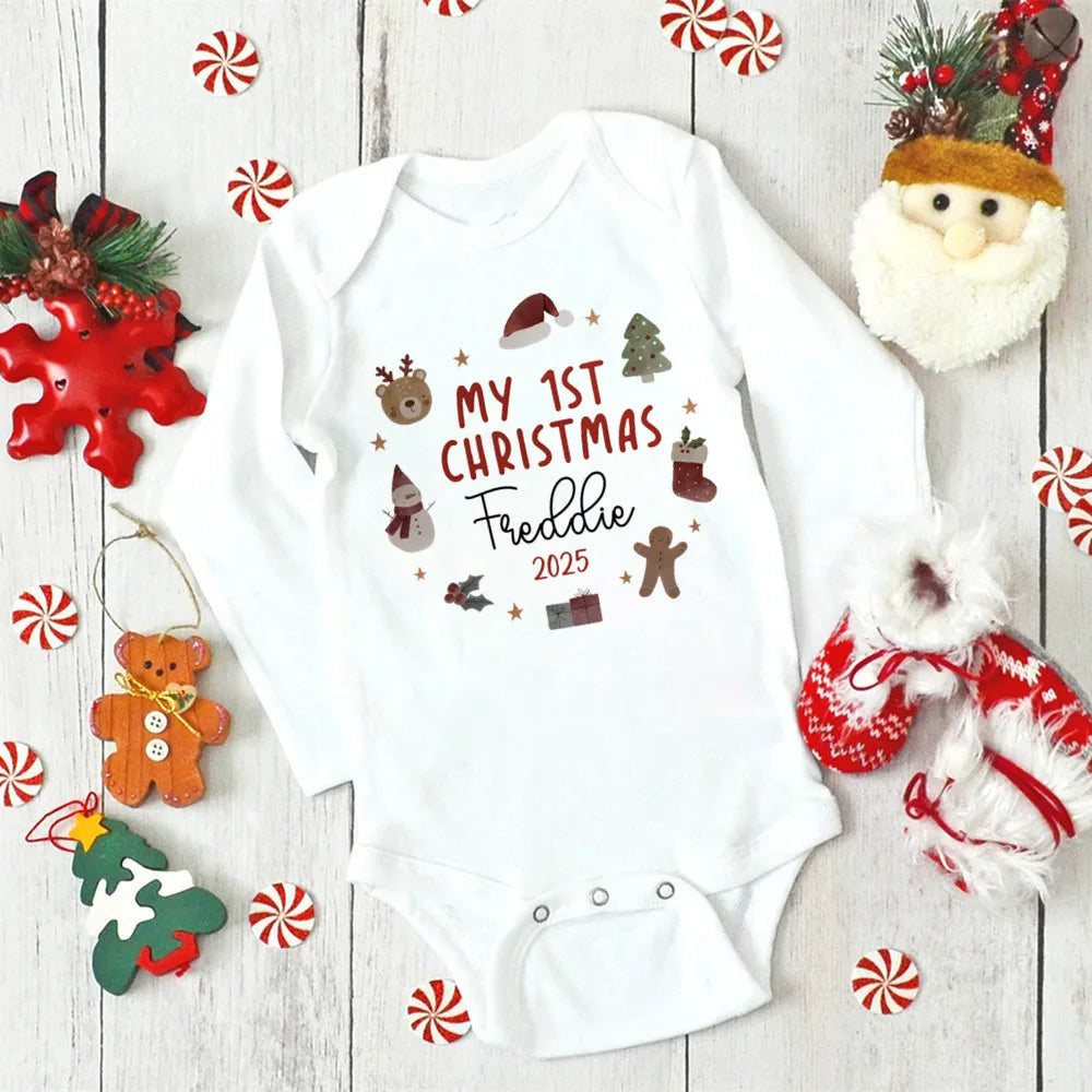 Personalised First Christmas Baby Outfit Newborn Baby Girls Boy Long Sleeve Cartoon Winter Romper My First Xmas Jumpsuit Outfit