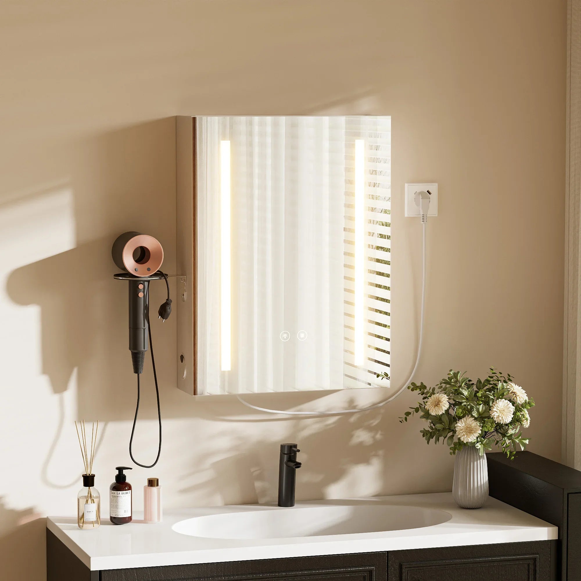 3-colour memory defogger, dimmer mode, LED bathroom mirror, wall-mounted bathroom cabinet, medicine cabinet with adjustable shelf.