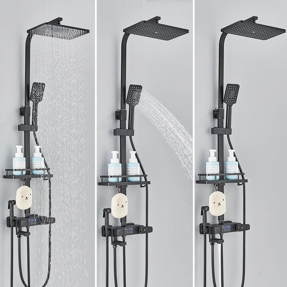 4 Ways Digital Display Shower Faucet Bathroom Thermostatic/Hot Cold Rainfall Shower Head Brass Rotate Mixers Bidet Faucet