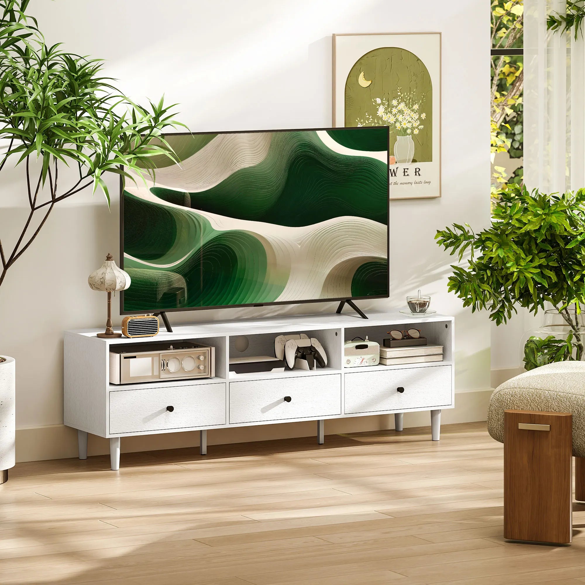 HOMCOM Meuble TV, meuble TV pour jusqu'à 75", avec tiroirs, étagères, blanc