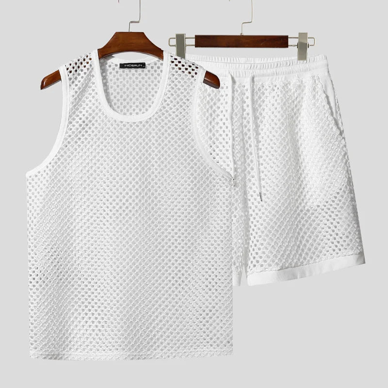 INCERUN Men Sets Solid Color Mesh Hollow Out See Through Tank Tops & Shorts 2PCS Summer Sexy Vacation Men Casual Suits 2025 5XL