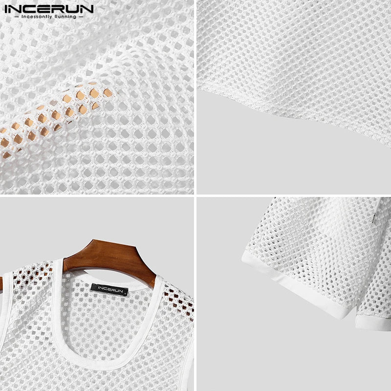 INCERUN Men Sets Solid Color Mesh Hollow Out See Through Tank Tops & Shorts 2PCS Summer Sexy Vacation Men Casual Suits 2025 5XL