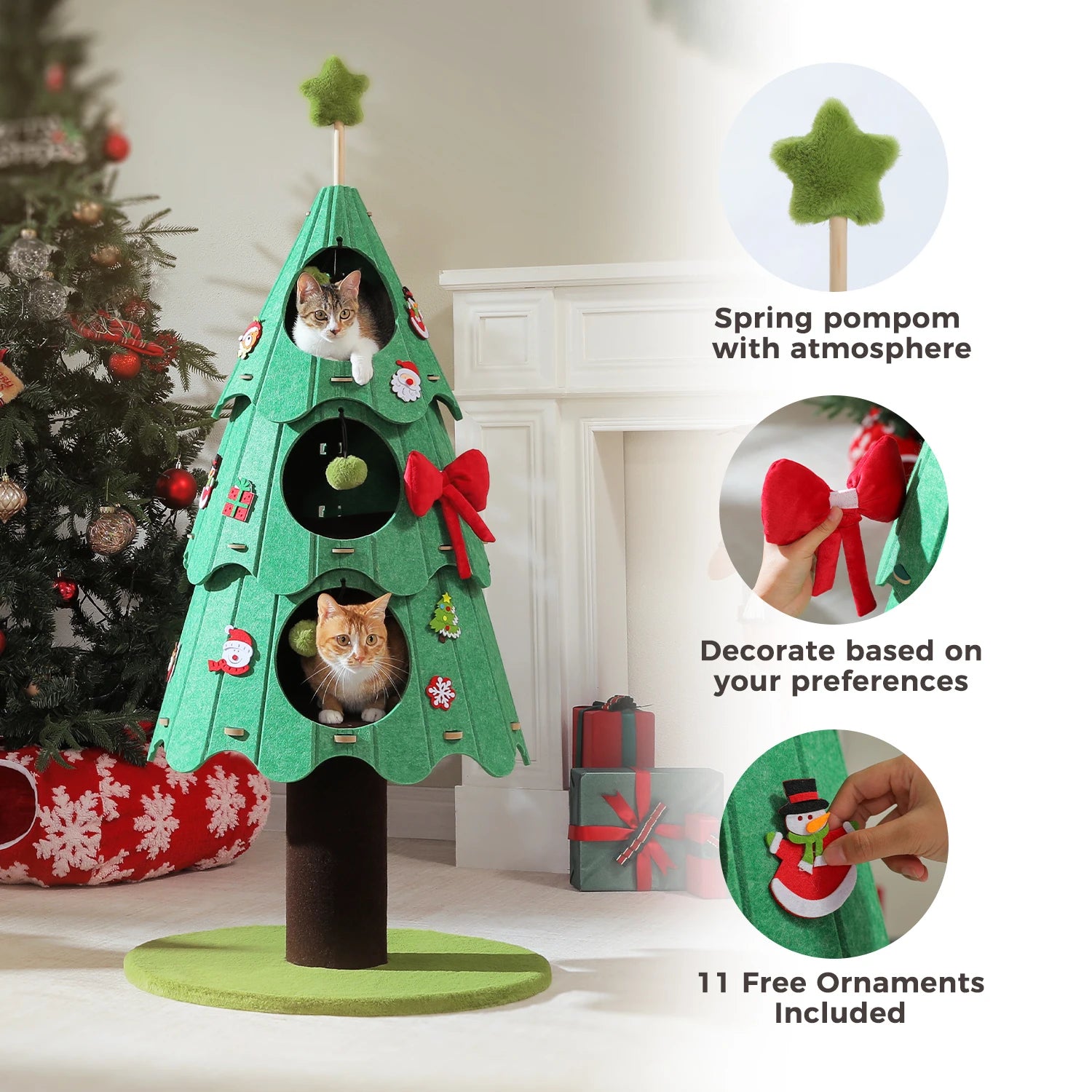 Christmas Cat Tree Tower with 3 Cozy Condos &amp; Pompoms Multi-Level Cat House Bed for Indoor Cats Modern Cat Furniture Cat Toys
