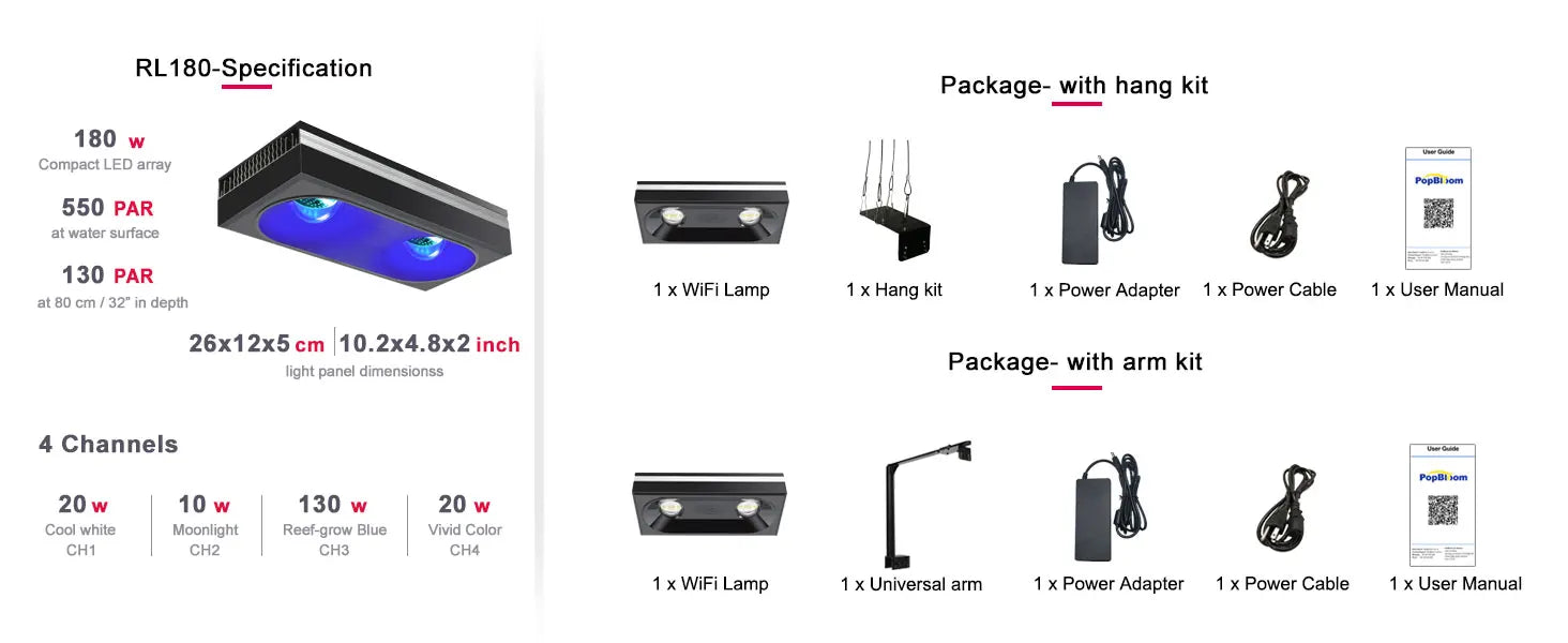 PopBloom RL180 WiFi Led Aquarium Reef Light 180W, Professional Full Spectrum Aquarium Lamp for Reef Coral SPS/LPS Aquarium Tank