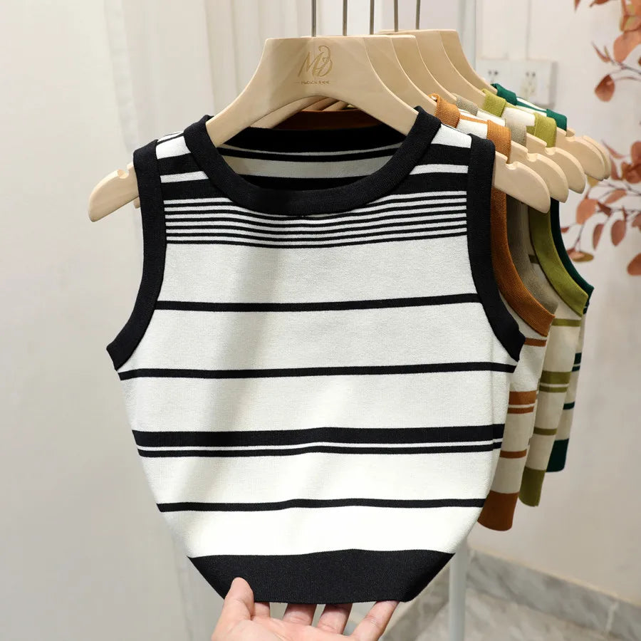 New Fashion Blocking Korean Style Crop Tops Knitted Striped Vest Women's Sleeveless Round Neck Versatile Tank Tops Ladies Basic