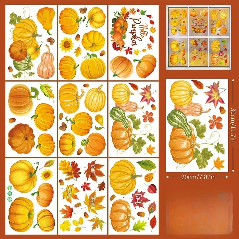 9 أوراق من ملصقات النوافذ الكهروستاتيكية لعيد الشكر في الخريف على شكل قطة وكلب وقرع وأوراق القيقب لتزيين الحائط