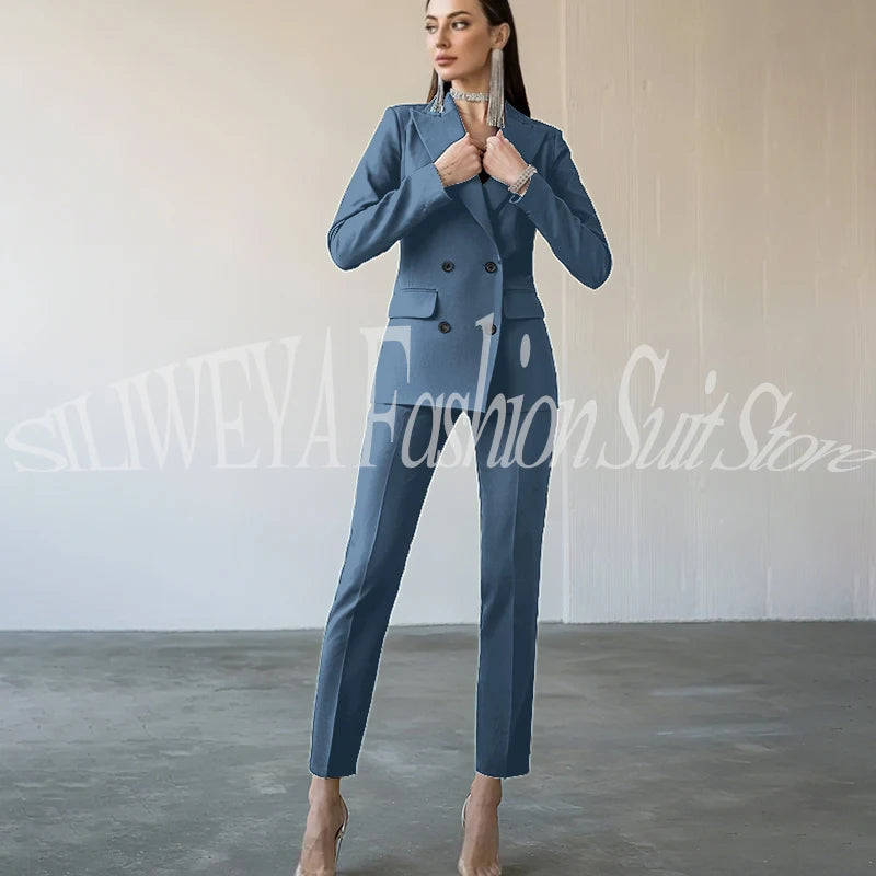 Fashion Chic Burgundy Red Purple Women Suit Double Breasted 2 Piece Jacket Pants Blazer Set Slim Fit Office Lady Female Clothing