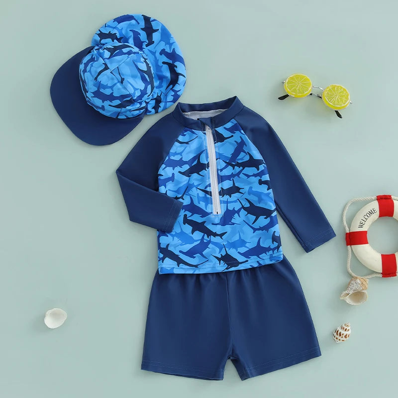 0-36months Toddler Boys Rash Guard Swimsuit Set Animal/Coconut Tree Print Long Sleeve Tops with Shorts and Swim Hat