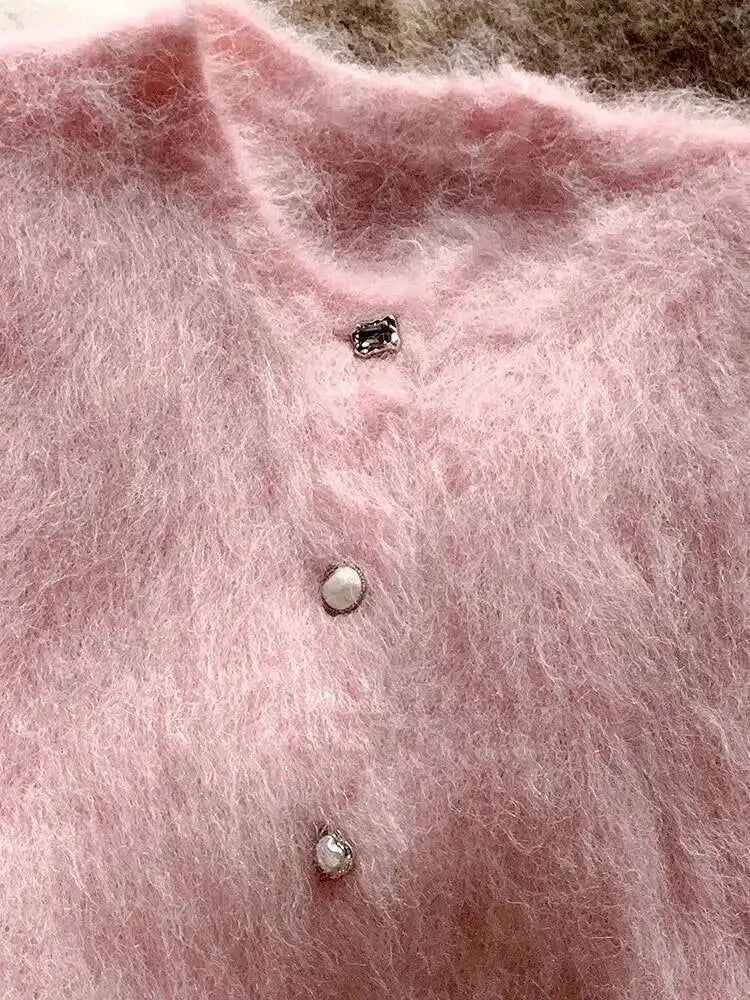 Winter Alpaca Wool Knitted Cardigan Women Soft Round Neck Single Breasted Loose Button Sweater Coat