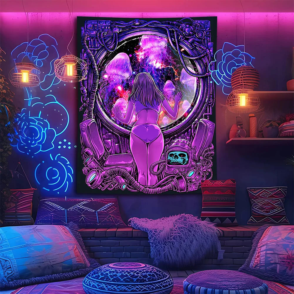 لوحة قماشية لفتاة أرجوانية تنظر إلى قنديل البحر مع جماجم، نسيج مجرة ​​تفاعلي مع الأشعة فوق البنفسجية، مثالي للتعليق على الحائط في ديكور غرفة النوم