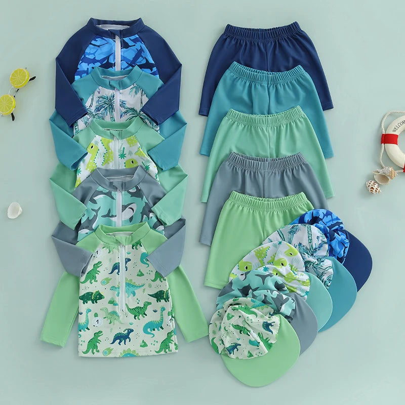 0-36months Toddler Boys Rash Guard Swimsuit Set Animal/Coconut Tree Print Long Sleeve Tops with Shorts and Swim Hat