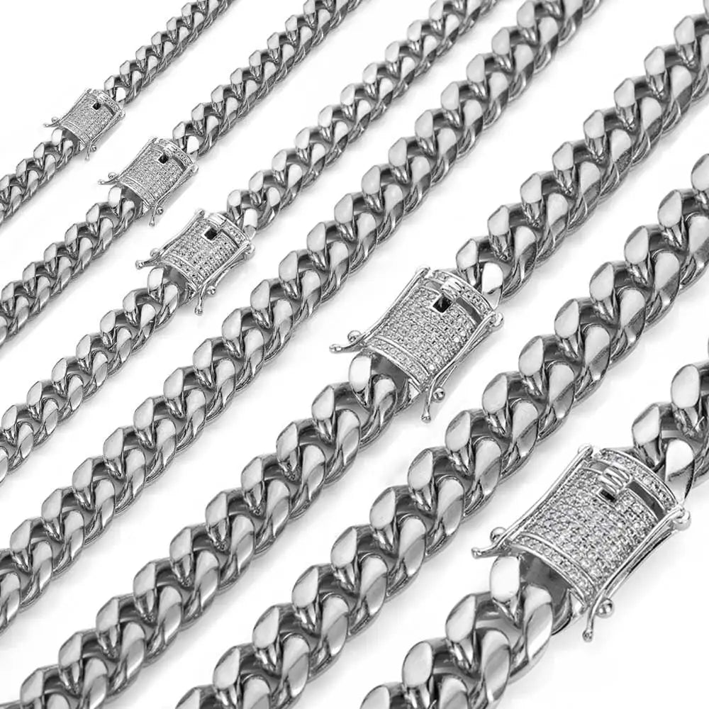6-16mm Iced Clasp Cuban Link Chain Miami Stainless Steel Necklace Hip Hop Jewelry Gift for Men Women