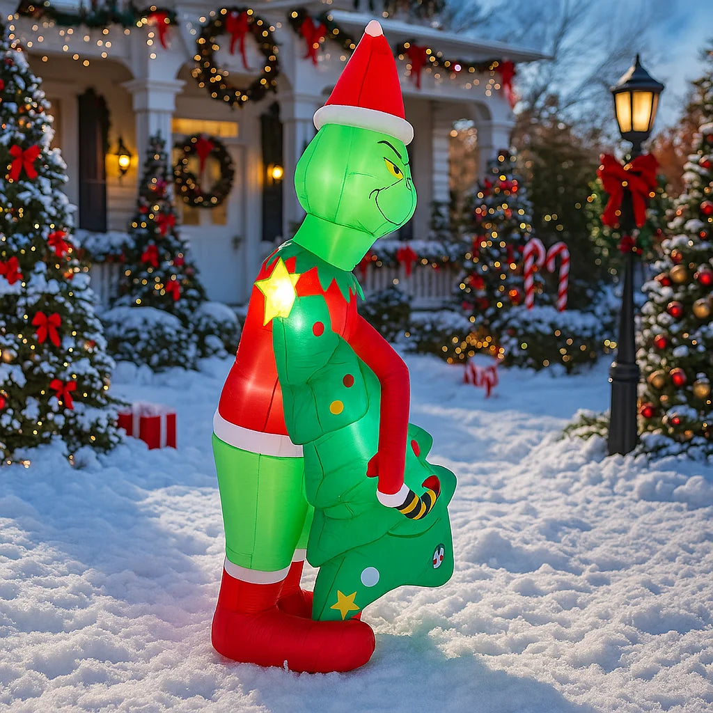 2.1M/6.8FT Christmas Decorations Inflatable Toy Grinch Holding Christmas Trees Home Yard LED Light Decor Christmas Party Toy
