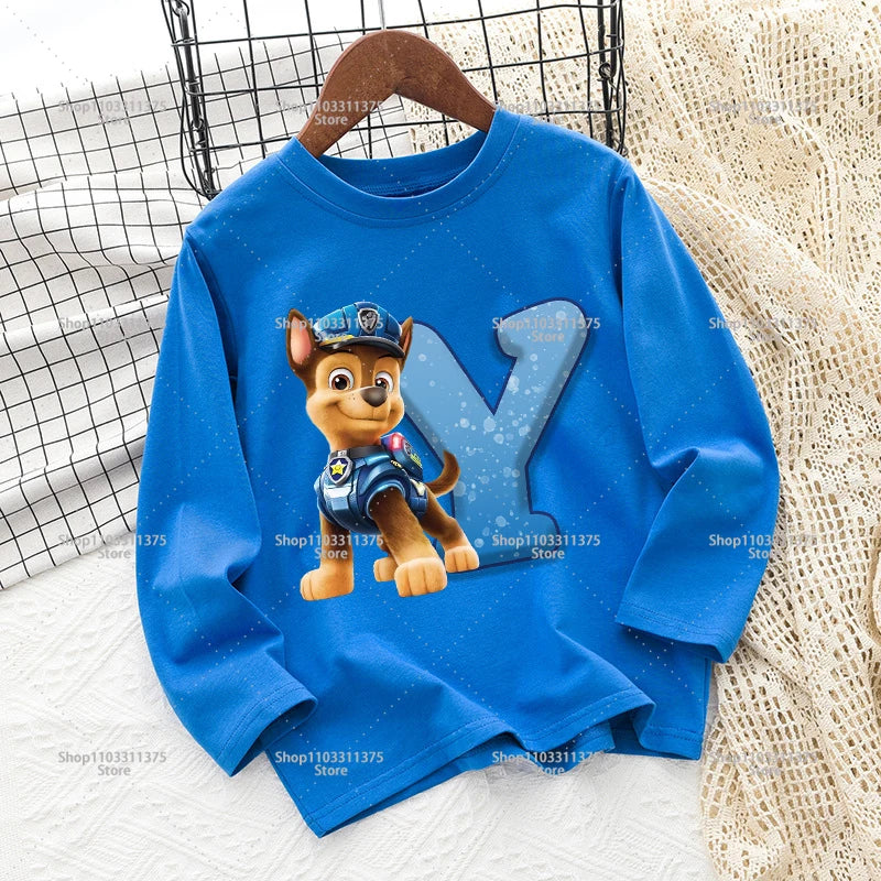 Cute PAW Patrol T-shirt Letter A-Z Print Top Long Sleeve Fashion Summer Boys Clothes Cartoon Kids Birthday Gift Outdoor Wear Tee