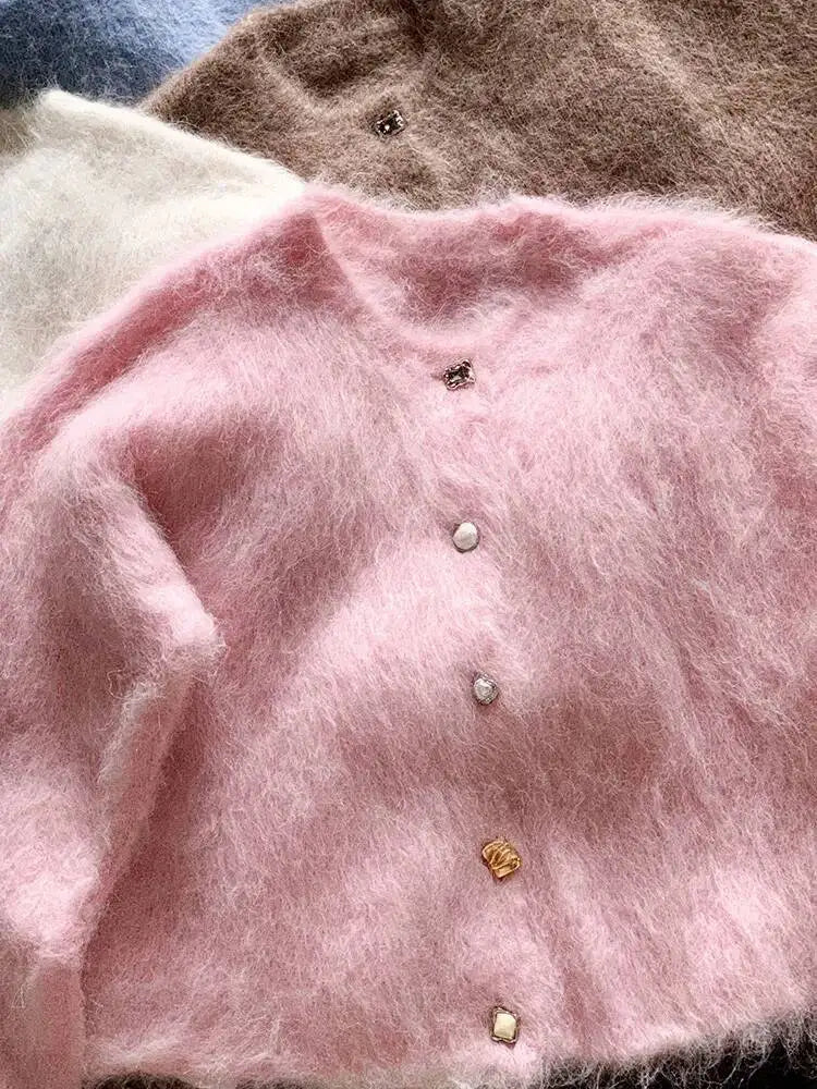 Winter Alpaca Wool Knitted Cardigan Women Soft Round Neck Single Breasted Loose Button Sweater Coat