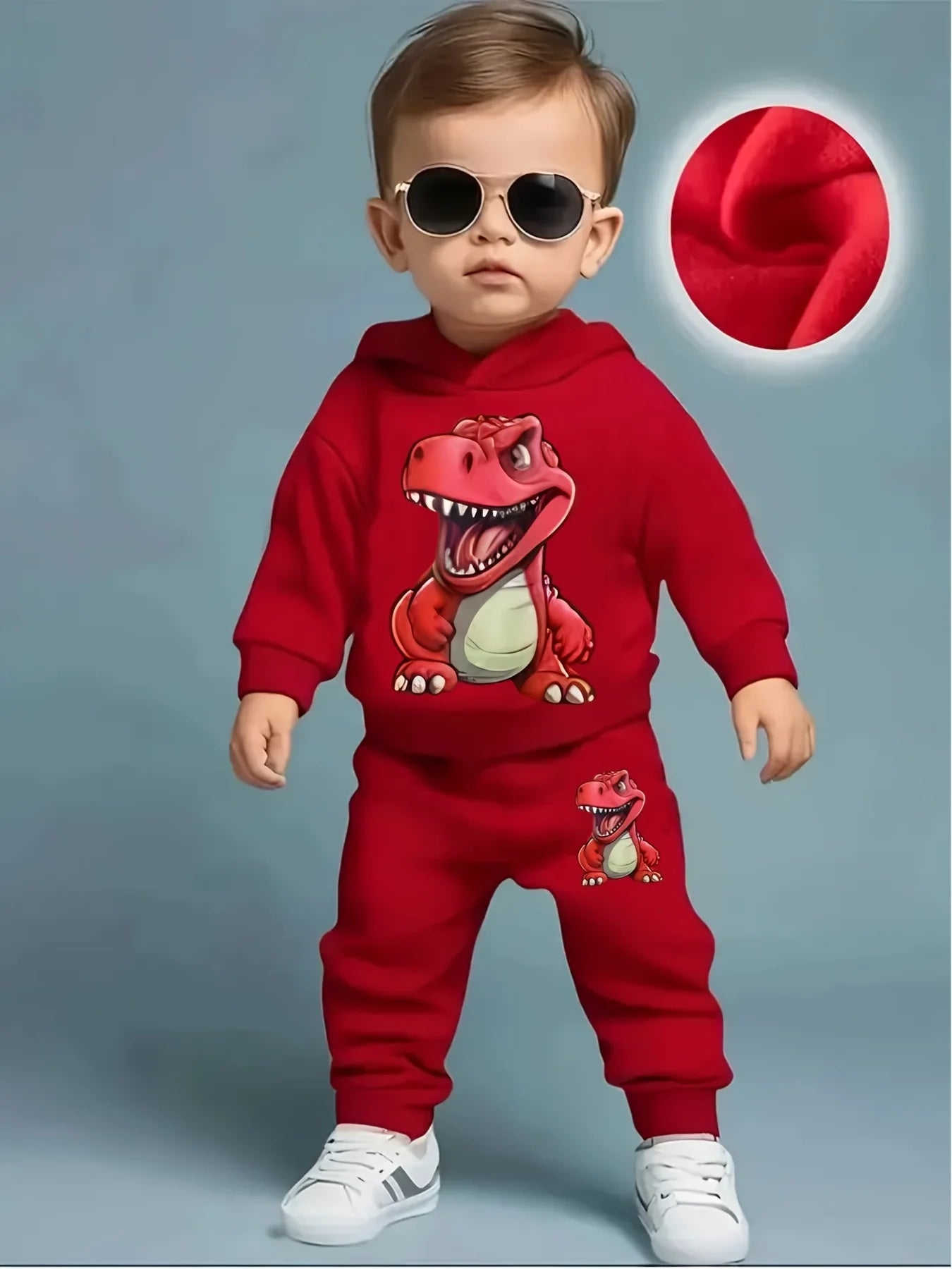 Spring Autumn Baby Boy Dinosaur Print Fleece Hoodie And Pants Two-Piece Casual Set Long Sleeve Thermal Outfit for Toddlers