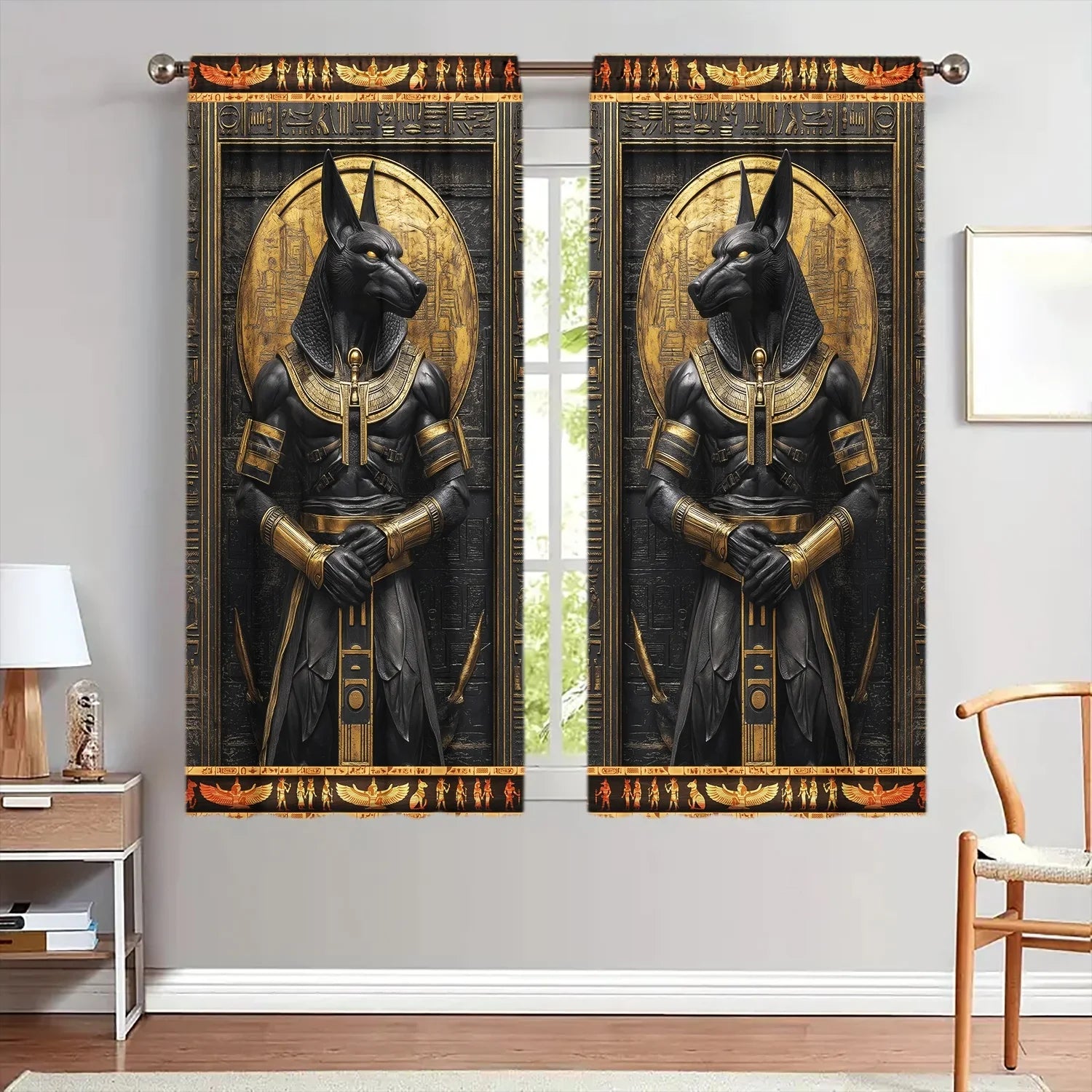 2pcs Anubis Ancient Egypt Printed Curtain - Artistic Home Decoration Curtains, All Season Decorative Curtains