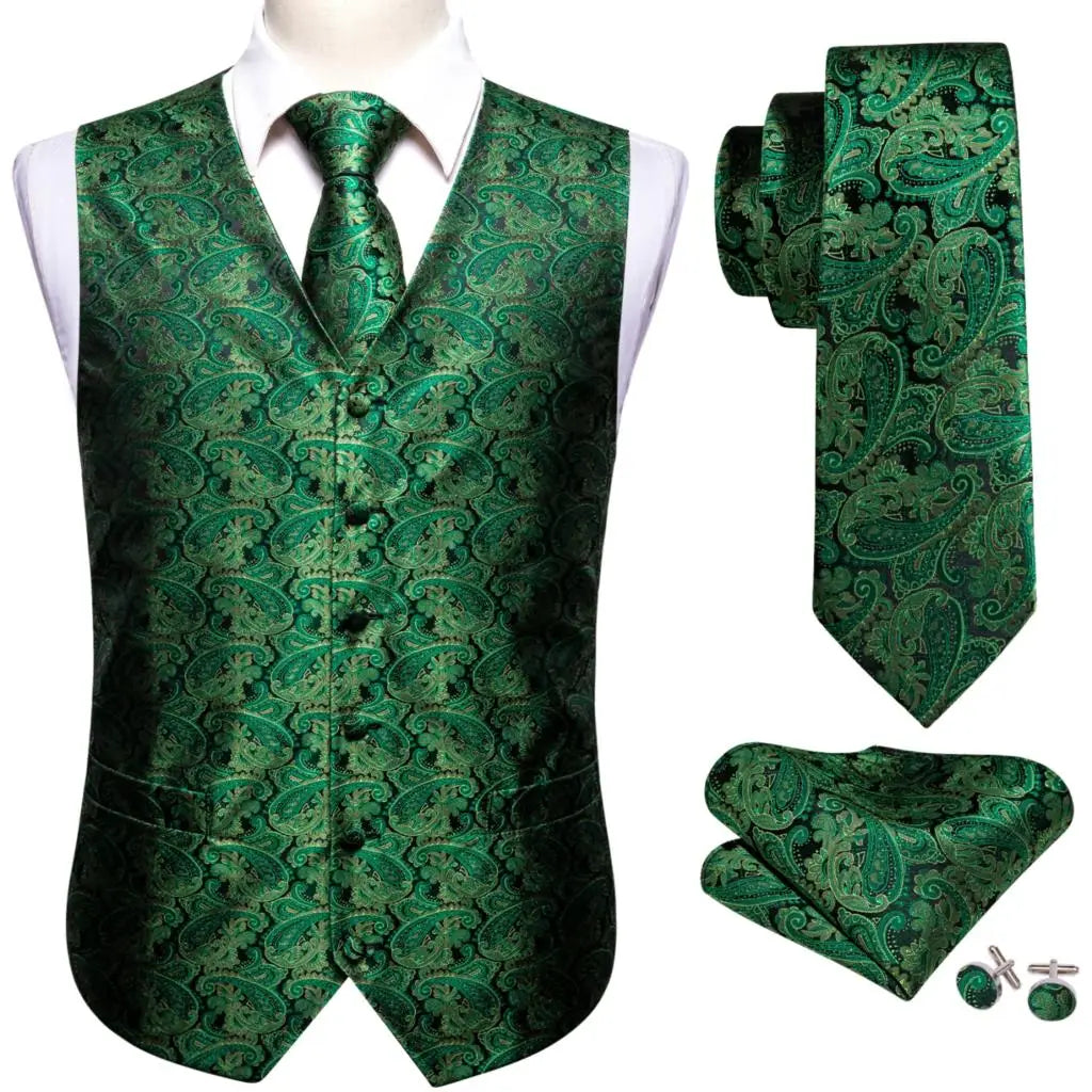 Elegant Vest for Men Silk Green Paisley Plaid Flower Slim Fit Male Suit Embroidered Waistcoat Dress Formal Jacket Barry Wang