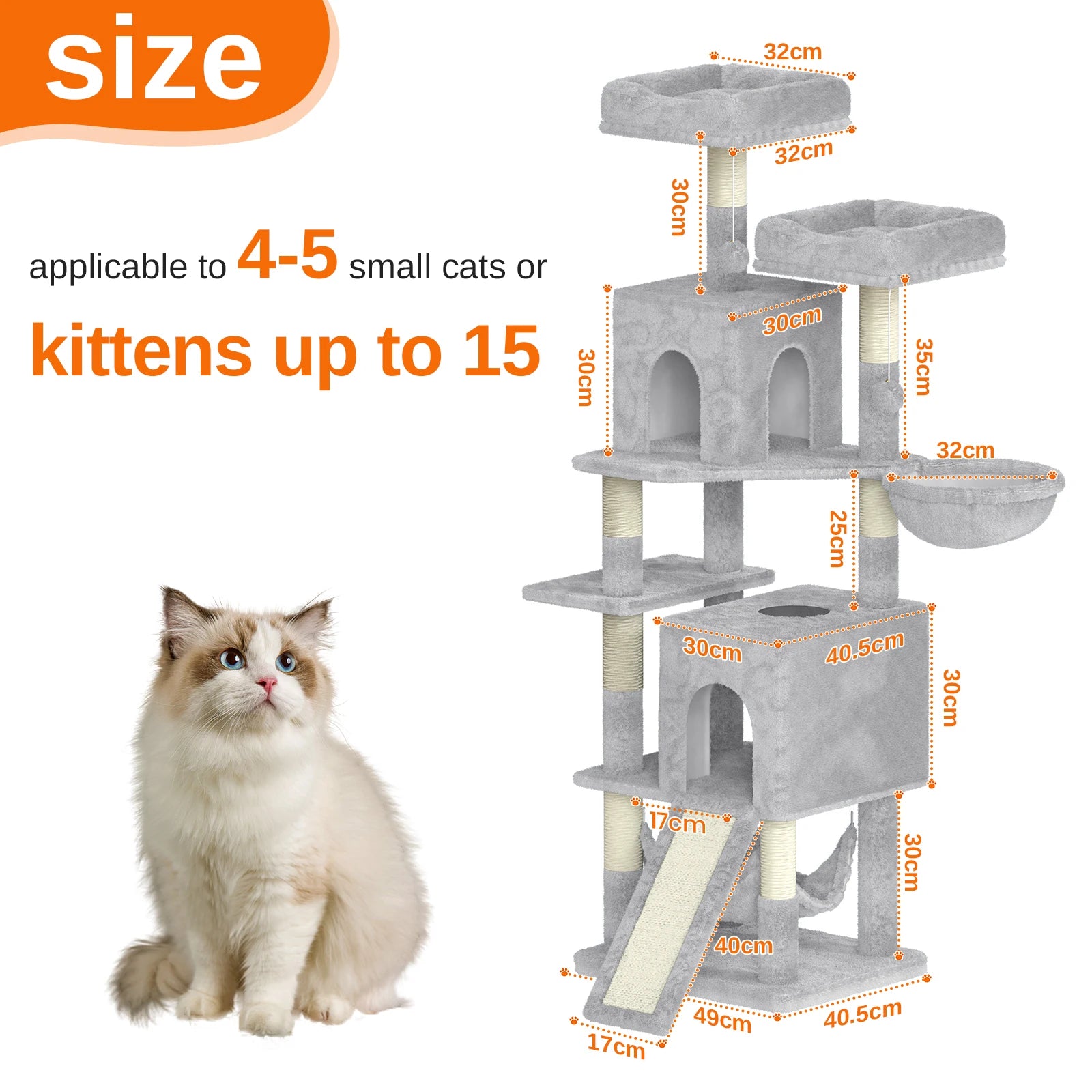 Oak & Tea Cat scratching post 158cm Climbing Tower with 7 Scratching Pillars, 2 Houses & 2 Hammocks for Domestic Cats