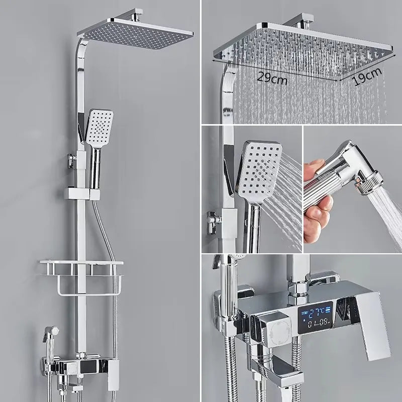 4 Ways Digital Display Shower Faucet Bathroom Thermostatic/Hot Cold Rainfall Shower Head Brass Rotate Mixers Bidet Faucet